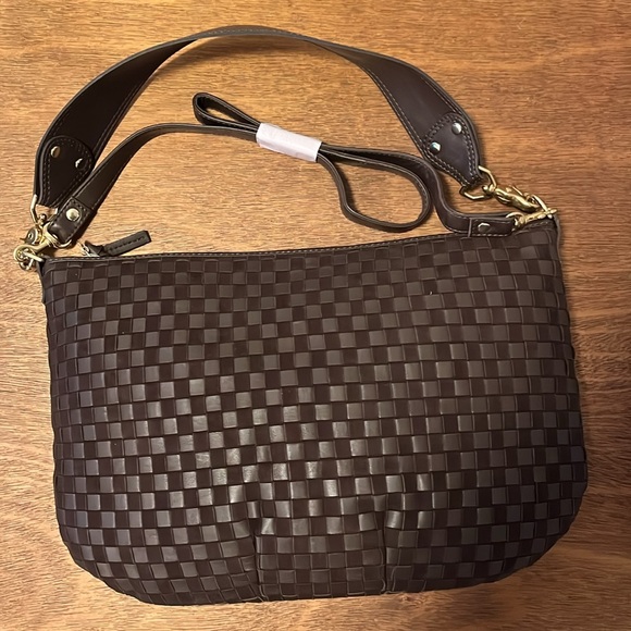 NWT Clare V Moyen Messenger Mahogany Nappa & Suede Woven Checker - Picture 8 of 9